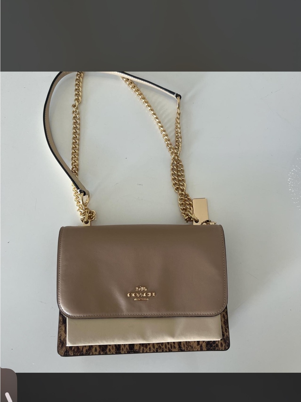 Coach Klare Leather Chain crossbody bag with Leopard Trim